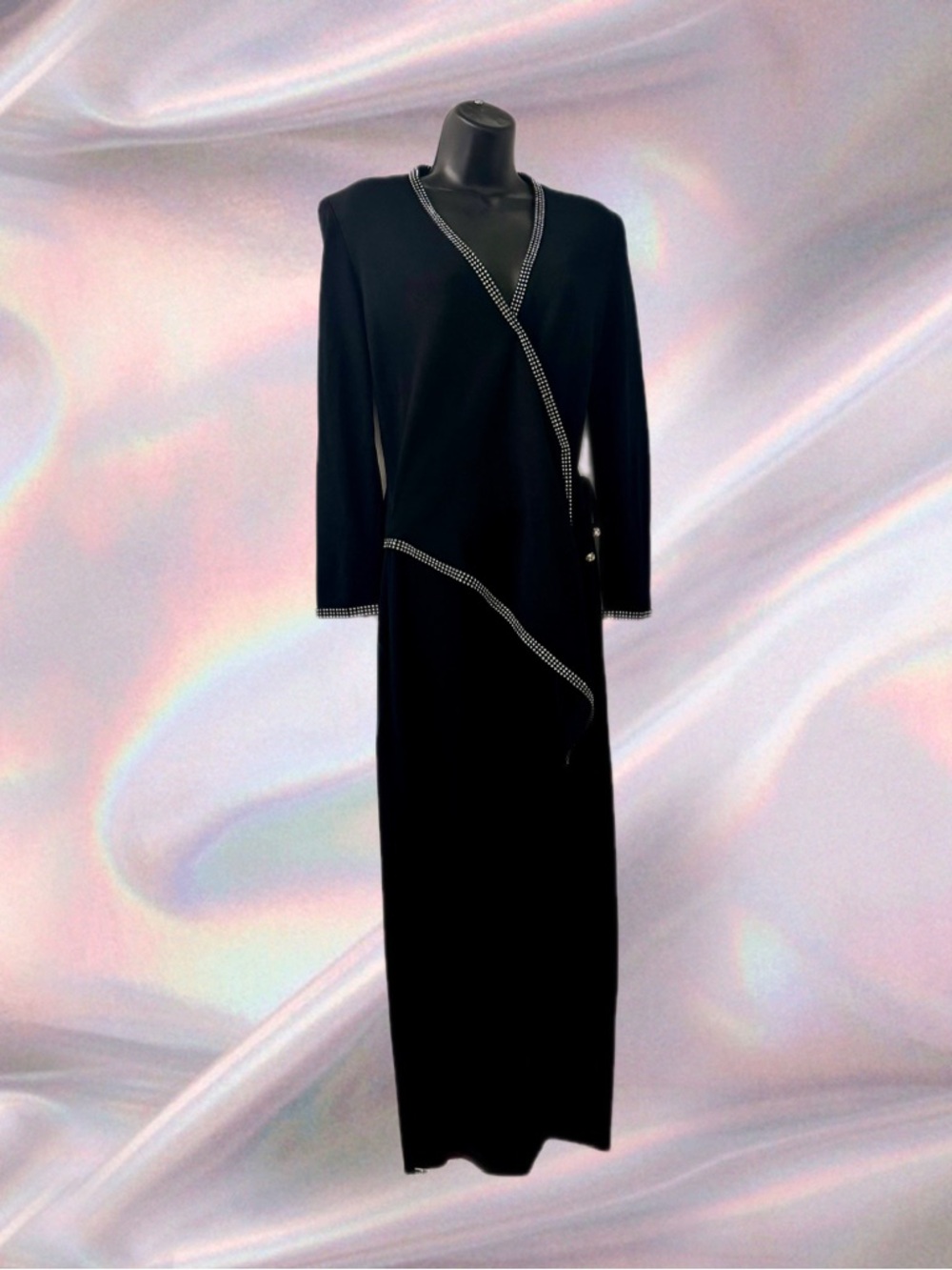 Vintage Caché Black Rhinestone Wrap Maxi Dress Gown Size 4